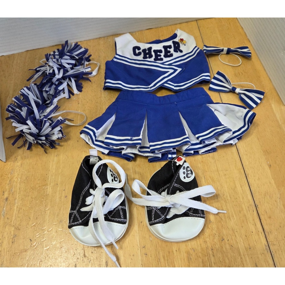 Build A Bear Clothing 8 pc Cheerleader Outfit Blue Skirt Top Pom Poms Bows Shoes